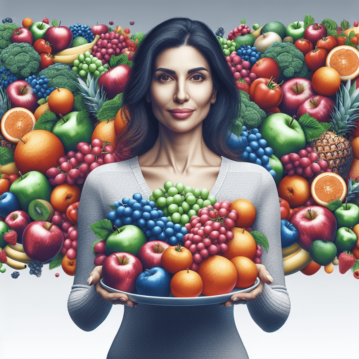 A woman holding a plate of fresh fruits and vegetables.