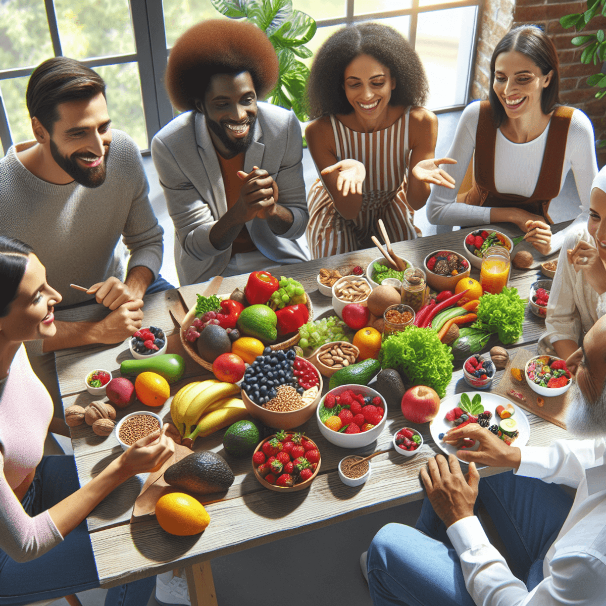 A diverse group of four people, including a Caucasian man, a Hispanic woman, a Black woman, and a Middle-Eastern man, gather around a table filled wit